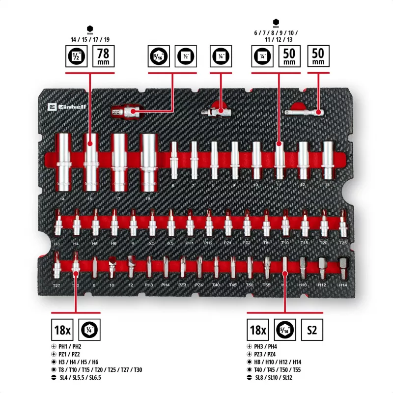 Einhell E-Case 92-Piece Workshop Tool Kit (370514) - Chrome Vanadium Steel, Black/Red