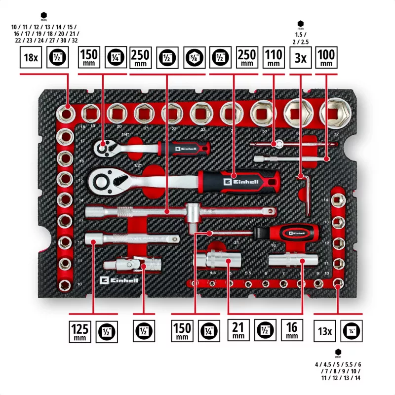 Einhell E-Case 92-Piece Workshop Tool Kit (370514) - Chrome Vanadium Steel, Black/Red