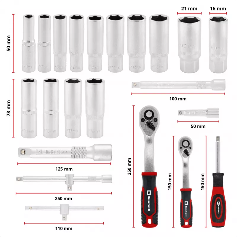 Einhell E-Case 92-Piece Workshop Tool Kit (370514) - Chrome Vanadium Steel, Black/Red