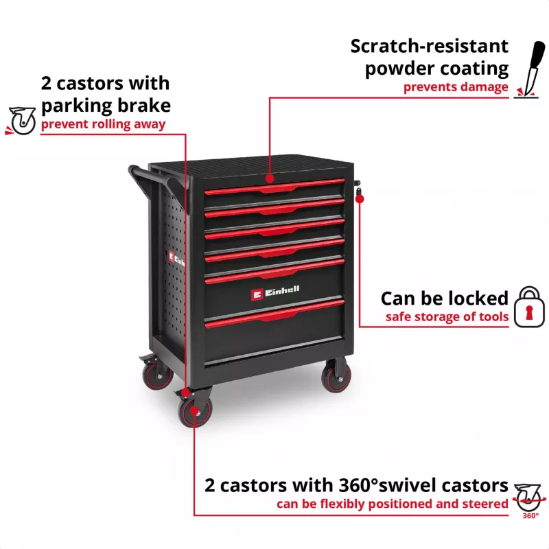 EINHELL-KWB Workshop Trolley Empty, 6 Drawers (Black/Red, 4 Flat, 2 High Drawers)