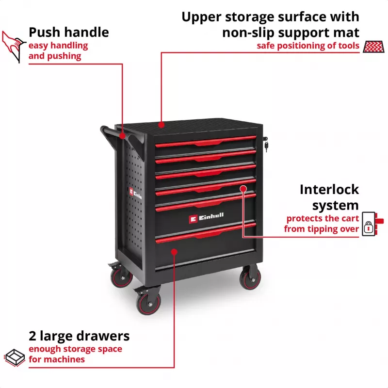 EINHELL-KWB Workshop Trolley Empty, 6 Drawers (Black/Red, 4 Flat, 2 High Drawers)