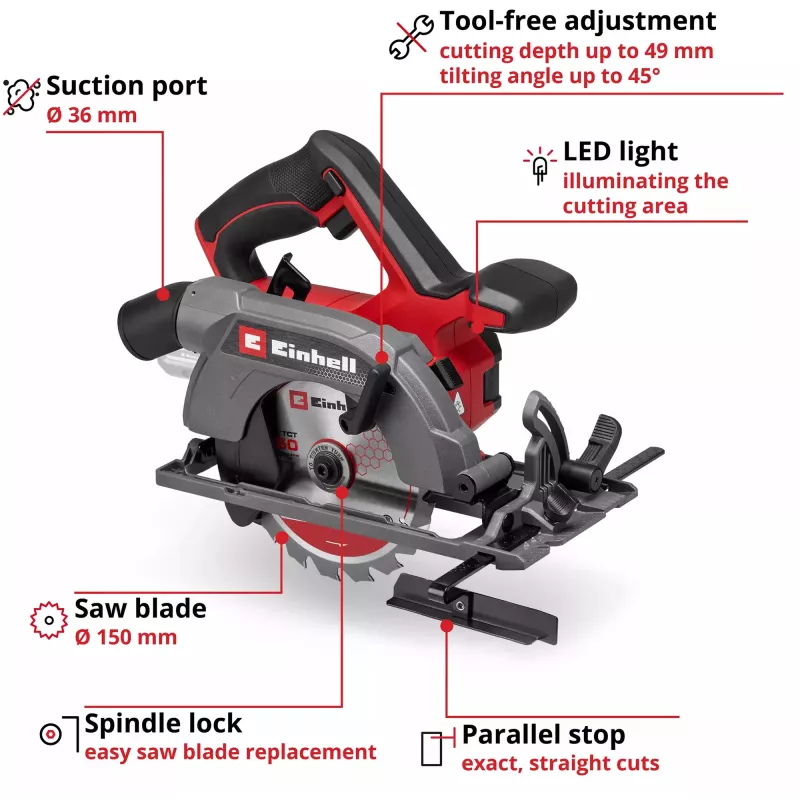 Einhell Power X-Change Cordless Hand Circular Saw TE-CS 18/150-2 Li-Solo, 18V (Red/Black, Without Battery and Charger)