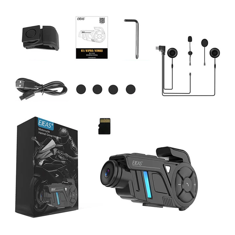 EJEAS K1Pro+ Motorcycle Intercom with 1080P Recorder - Single Intercom