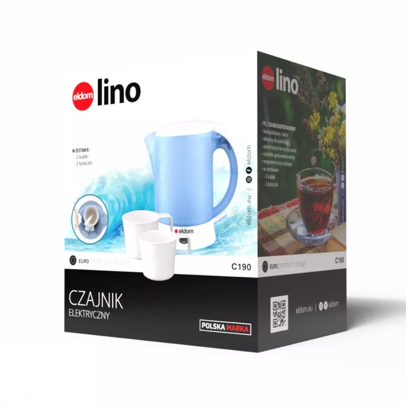 ELDOM Electric Tourist Kettle C190 Lino 0.6L 550W Blue with 2 Cups and 2 Spoons
