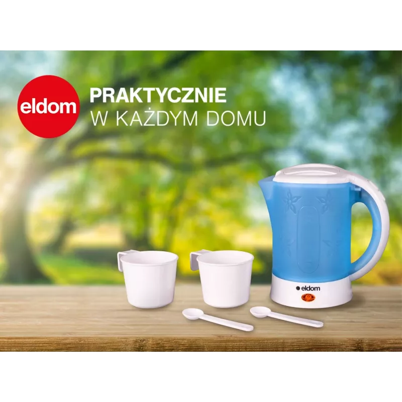ELDOM Electric Tourist Kettle C190 Lino 0.6L 550W Blue with 2 Cups and 2 Spoons