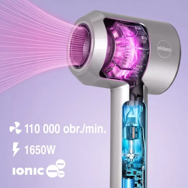 ELDOM HT280 Hair Dryer, 1650 W, Grey, 3 Heat Settings, 2 Speed Settings, Cool Shot, Concentrator Nozzle, Removable Air Filter, Hanging Loop, Overheat Protection, 1.8 m Cable