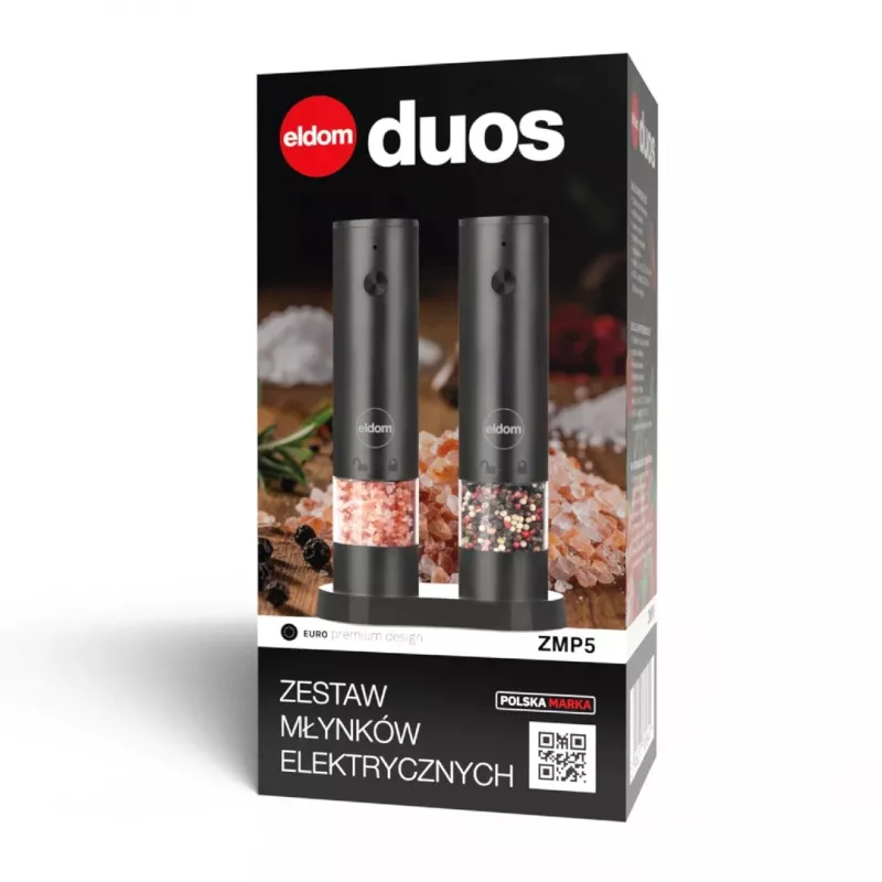 ELDOM ZMP5 Battery-Powered Salt and Pepper Grinder Set with Stand, Black