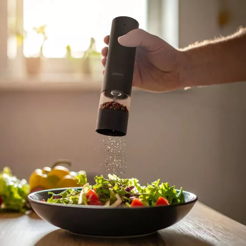 ELDOM ZMP5 Battery-Powered Salt and Pepper Grinder Set with Stand, Black