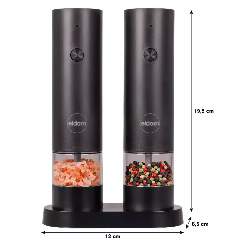 ELDOM ZMP5 Battery-Powered Salt and Pepper Grinder Set with Stand, Black
