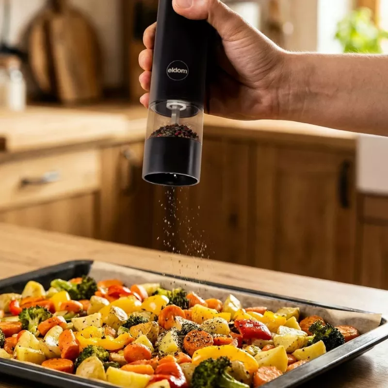 ELDOM ZMP5 Battery-Powered Salt and Pepper Grinder Set with Stand, Black
