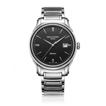 EMILE CHOURIET Men's Swiss Automatic Watch 40mm Stainless Steel Black Dial Leather Strap 081128G62586
