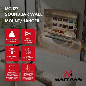 EOF Maclean MC-177 Soundbar Wall Mount Bracket, Steel, Black, Tilt +8° to -8°, Max 10 kg