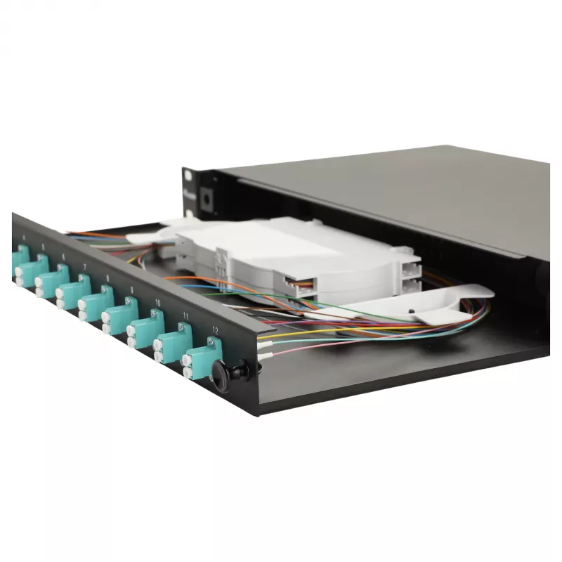Equip 12-Port Fiber Optic Splice Box, LC Duplex, OM3, 1U, Equipped, Black