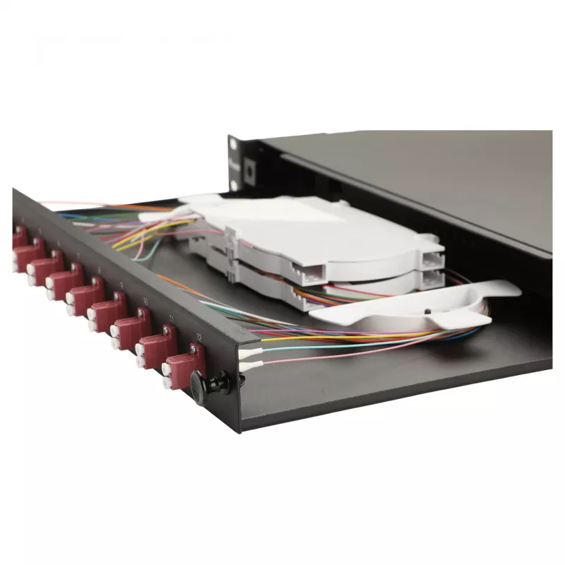 EQUIP 12-Port Fiber Optic Splice Box, LC Duplex, OM4, 1U, Equipped, Black