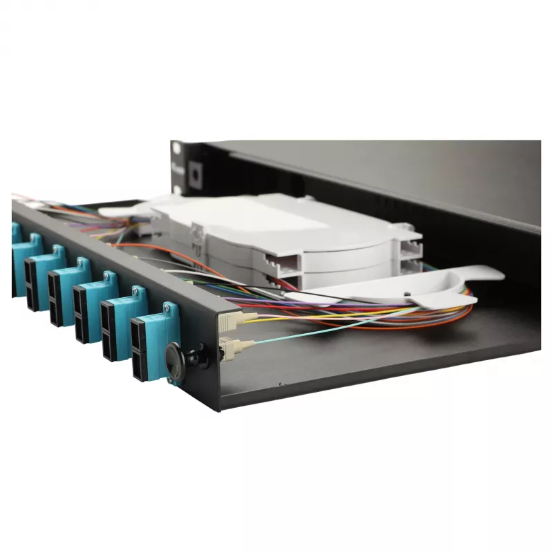Equip 12-Port Fiber Optic Splice Box, SC Duplex, OM3, 1U, Equipped, Black