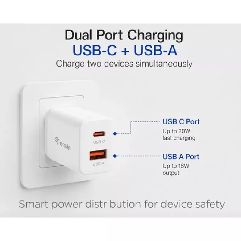 Equip 2-Port USB-C PD3.0/USB-A GaN Wall Charger 20W White