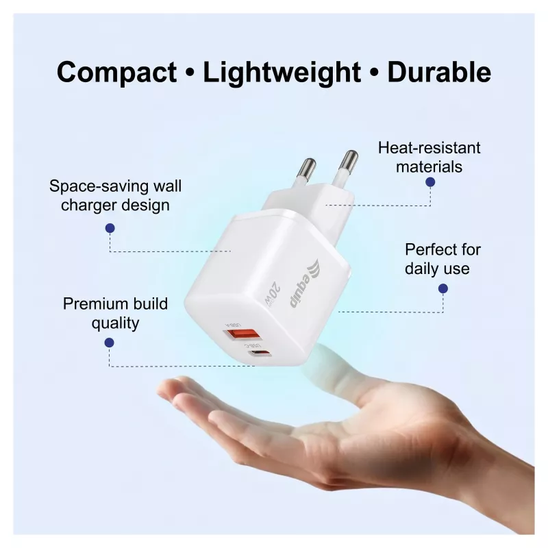 Equip 245526 2-Port USB-C PD3.0 / USB-A GaN 20W Wall Charger, White