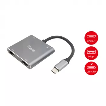 EQUIP USB-C 4-in-1 Dual-HDMI Adapter with 100W PD, 4K MST, Aluminum