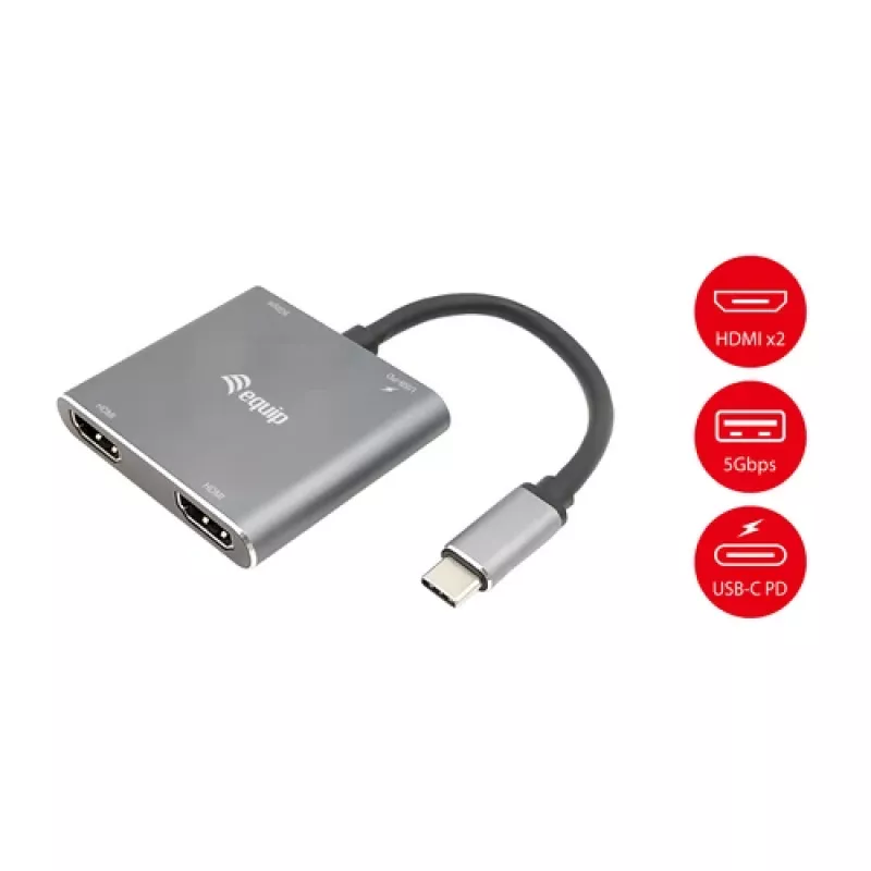 EQUIP USB-C 4-in-1 Dual-HDMI Adapter with 100W PD, 4K MST, Aluminum