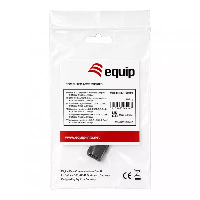 Equip USB-C Keystone Coupler, USB 3.2 Gen 2, USB-C Female to Female, Black