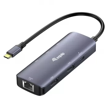 EQUIP USB-C Multiport Adapter, 2x HDMI, RJ45, 2x USB-A, USB-C PD 100W, Grey