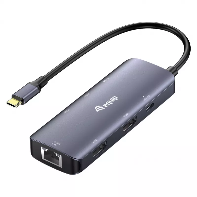 EQUIP USB-C Multiport Adapter, 2x HDMI, RJ45, 2x USB-A, USB-C PD 100W, Grey