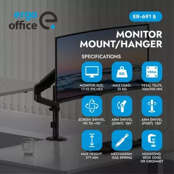 Ergo Office ER-691 B Gas Spring Monitor Mount for 17-32 inch Screens, 1-10 kg, Matte Black, VESA 75/100
