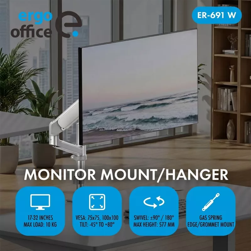 ERGO OFFICE ER-691 W Gas Spring Desk Mount for 17-32 inch Monitors up to 10 kg, Matte White