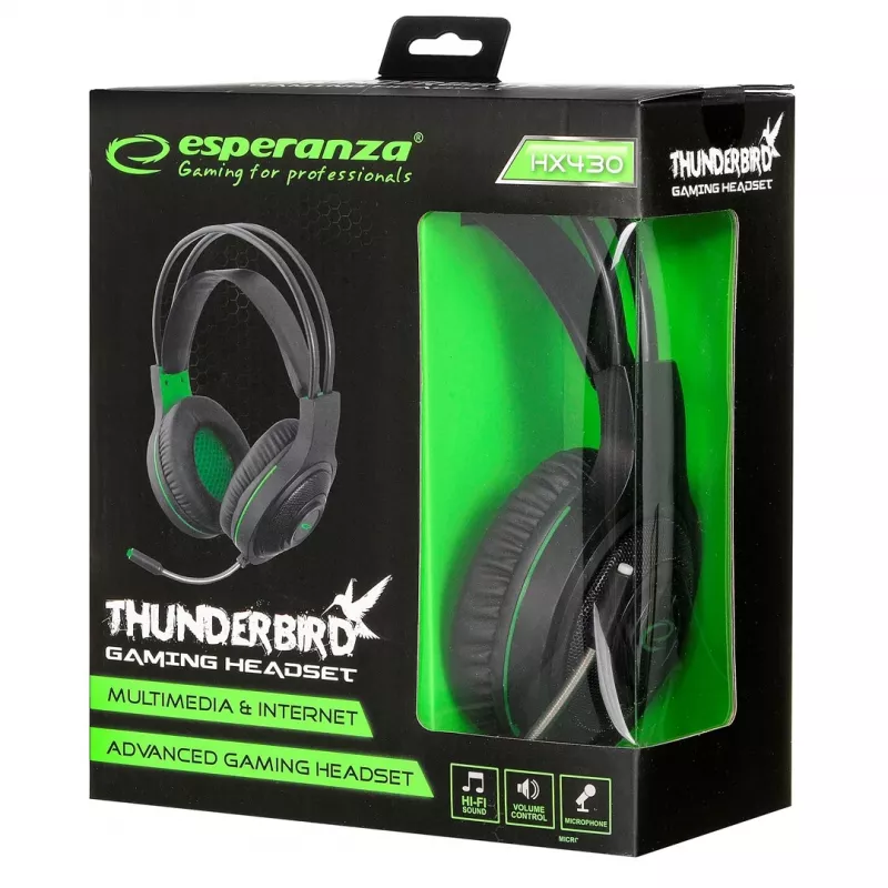 Esperanza EGH430 THUNDERBIRD Wired Gaming Headset with Microphone, Black & Green