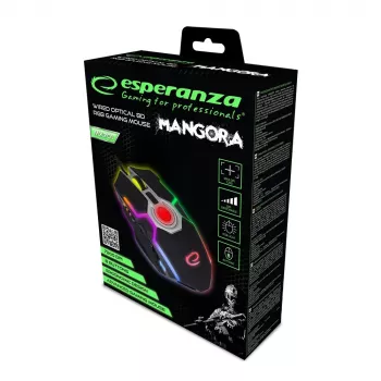 Esperanza EGM701 Mangora 8D Wired Gaming Mouse, RGB Backlight, 7200 DPI, Optical Sensor, 6 Buttons, Braided Cable, Right-Handed, Black