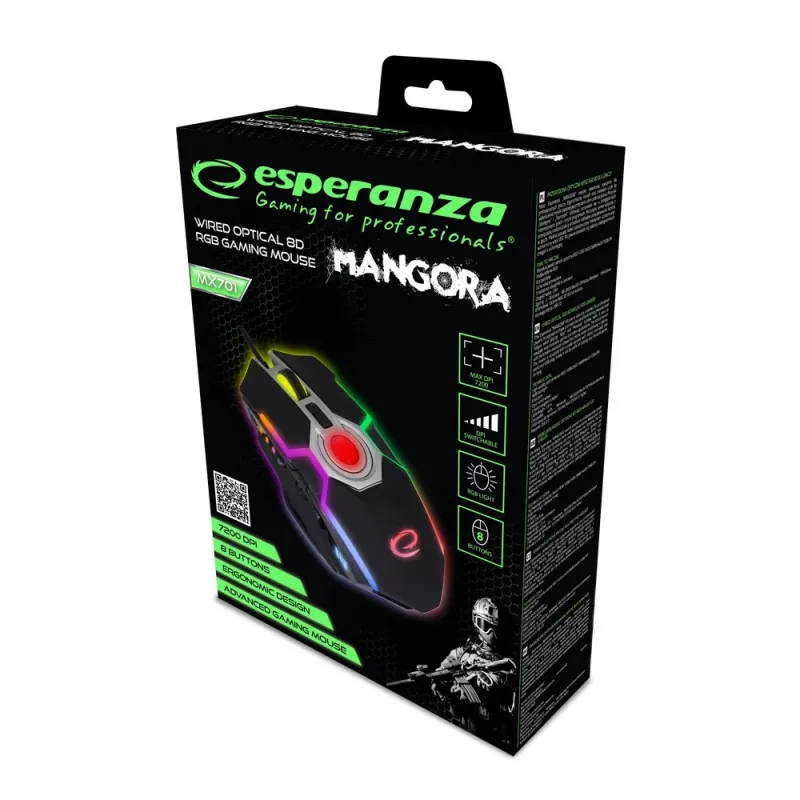 Esperanza EGM701 Mangora 8D Wired Gaming Mouse, RGB Backlight, 7200 DPI, Optical Sensor, 6 Buttons, Braided Cable, Right-Handed, Black