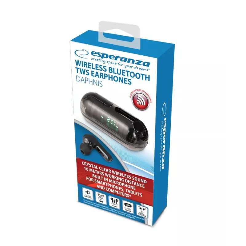 Esperanza EH239K True Wireless Stereo Bluetooth In-Ear Headphones with Charging Case, Touch Control, Built-in Microphone, Black