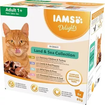 EUKANUBA IAMS DELIGHTS Land & Sea Collection in Gravy – Wet Cat Food – 8x85g