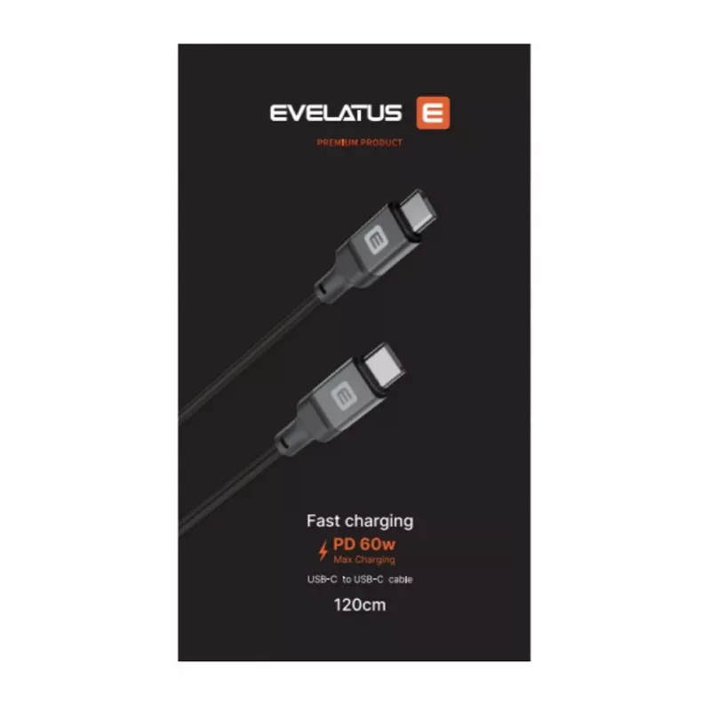 Evelatus Coiled USB-C to USB-C Cable 1.2M 60W PD Braided Black