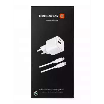 Evelatus FusionCharge Wall Charger Bundle 20W Power Adapter with 60W USB-C to Lightning Silicone Cable White