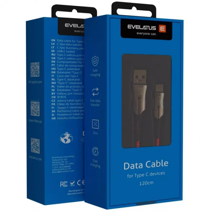 Evelatus Type-C Data Cable TPC02 Black - USB-A to USB-C, 1.2m, USB 2.0, 480 Mbps, 15W Charging