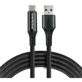 everActive CBB-1CBL USB-A to USB-C Braided Cable with LCD Power Display, 1m, 3A, Black