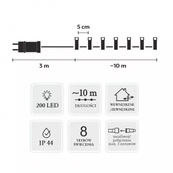 Extralink LED String Lights 200 LEDs Cool White 10m + 3m IP44 Indoor/Outdoor