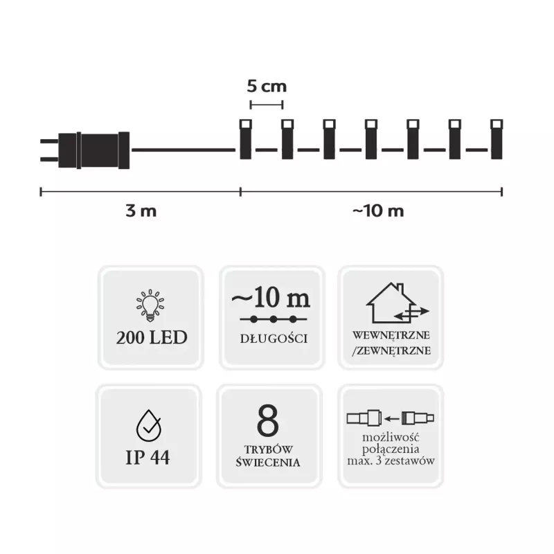 Extralink LED String Lights 200 LEDs Cool White 10m + 3m IP44 Indoor/Outdoor
