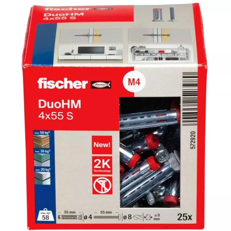fischer DuoHM 4x55 S PH PZ Hollow Wall Anchor 55 mm, 25 Pieces 572920