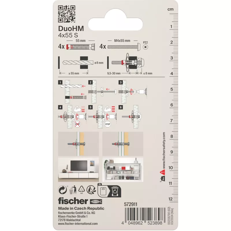 Fischer DuoHM 4x55 S PH PZ Hollow Wall Anchor 55 mm 4 Pieces 572911