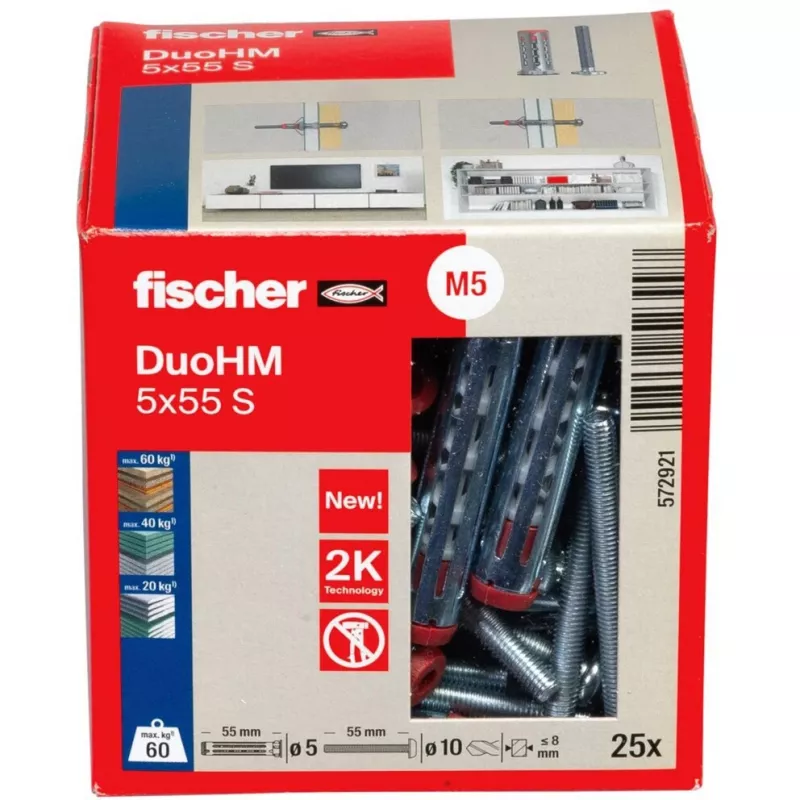 fischer DuoHM 5x55 S PH PZ Hollow Wall Anchor 55 mm, 25 Pieces 572921