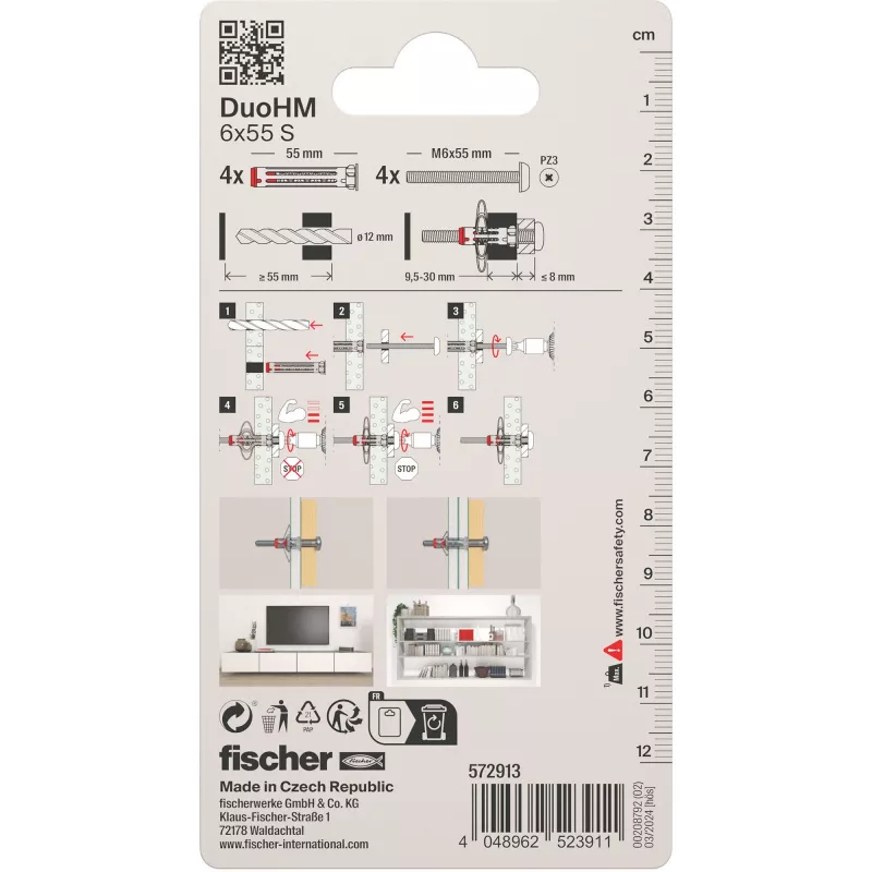 Fischer DuoHM 6x55 S Cavity Anchor with Screws, 4 Pieces 572913