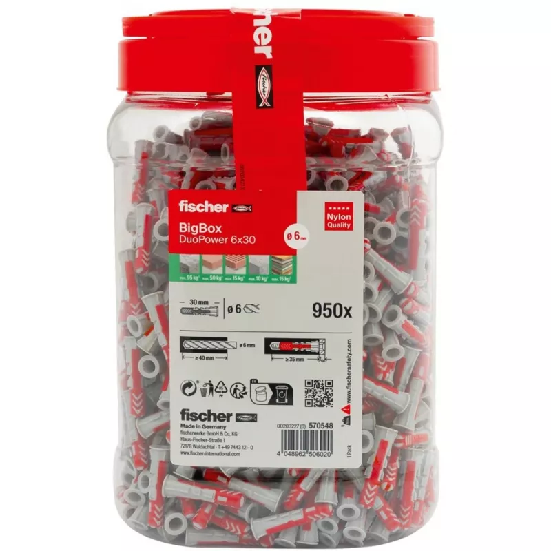 fischer DUOPOWER 6x30 Universal Wall Plug BigBox, Light Grey/Red, 950 Pieces, Resealable Box 570548
