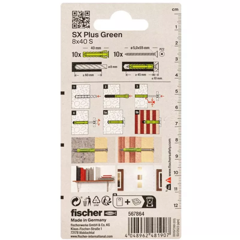 Fischer DUOPOWER Screw and Dowel Set 100 Pieces - 6x30/8x40/10x50 mm - PZ2 - Green