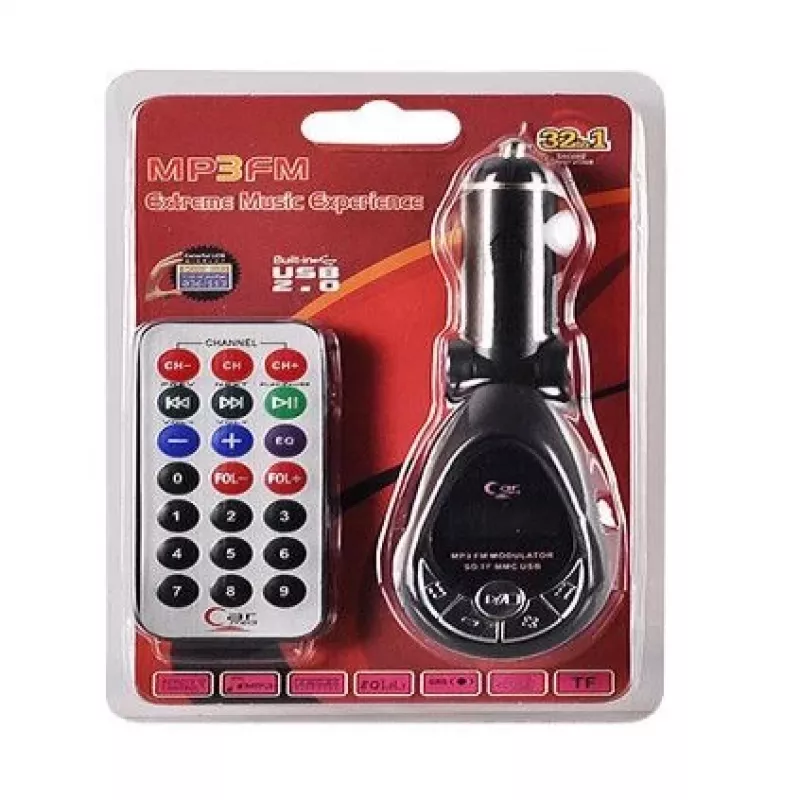 FM Transmitter CMP05 with Remote Control, USB Socket, MicroUSB, SD/TF Card Slot, 87.5-108 MHz, 12V/24V, Black