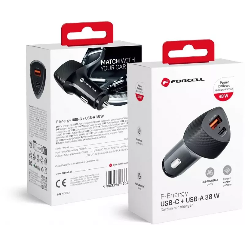 Forcell Carbon CC50-1A1C 38W Car Charger USB-C PD 3.0 + USB-A QC 3.0 Black