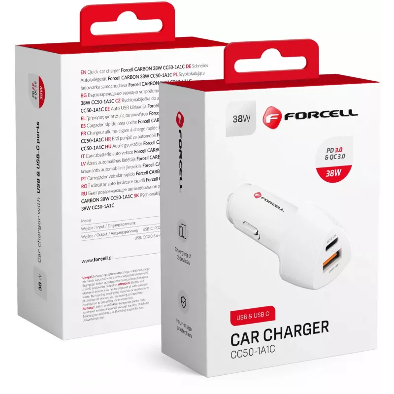 Forcell Carbon CC50-1A1C 38W USB-C PD + USB-A QC 3.0 Car Charger - White