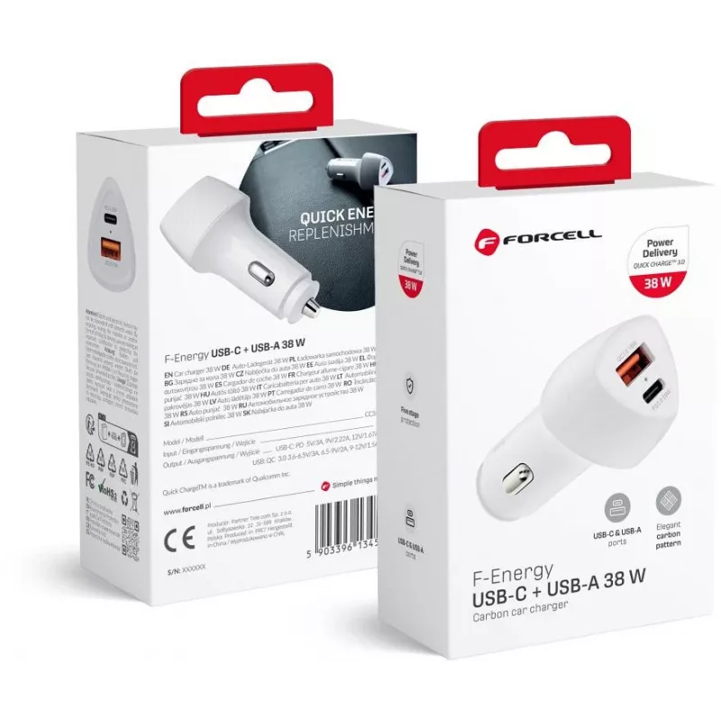 Forcell Carbon CC50-1A1C 38W USB-C PD + USB-A QC 3.0 Car Charger - White