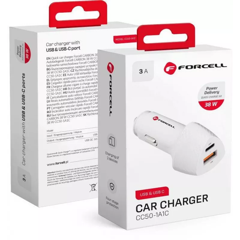 Forcell Carbon CC50-1A1C 38W USB-C PD + USB-A QC 3.0 Car Charger - White